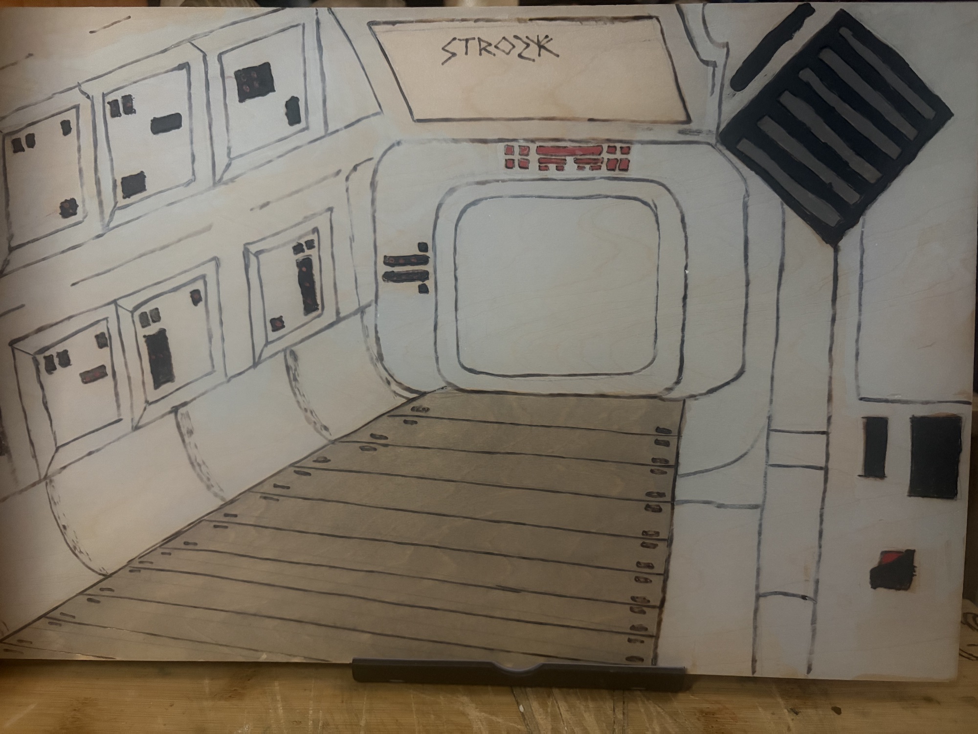 Spaceship interior - woodburned art